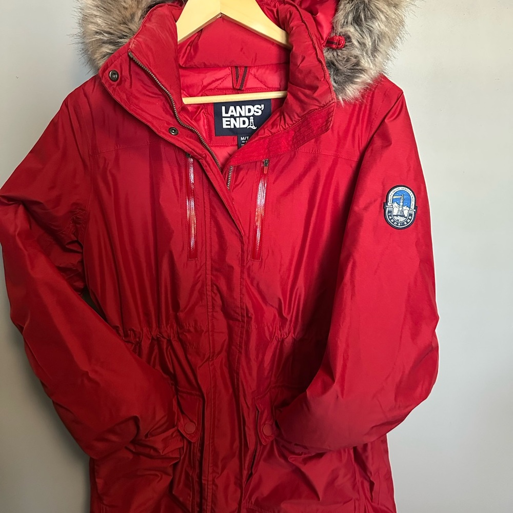 Lands' End Expedition Down Red Parka with Faux Fur Hood